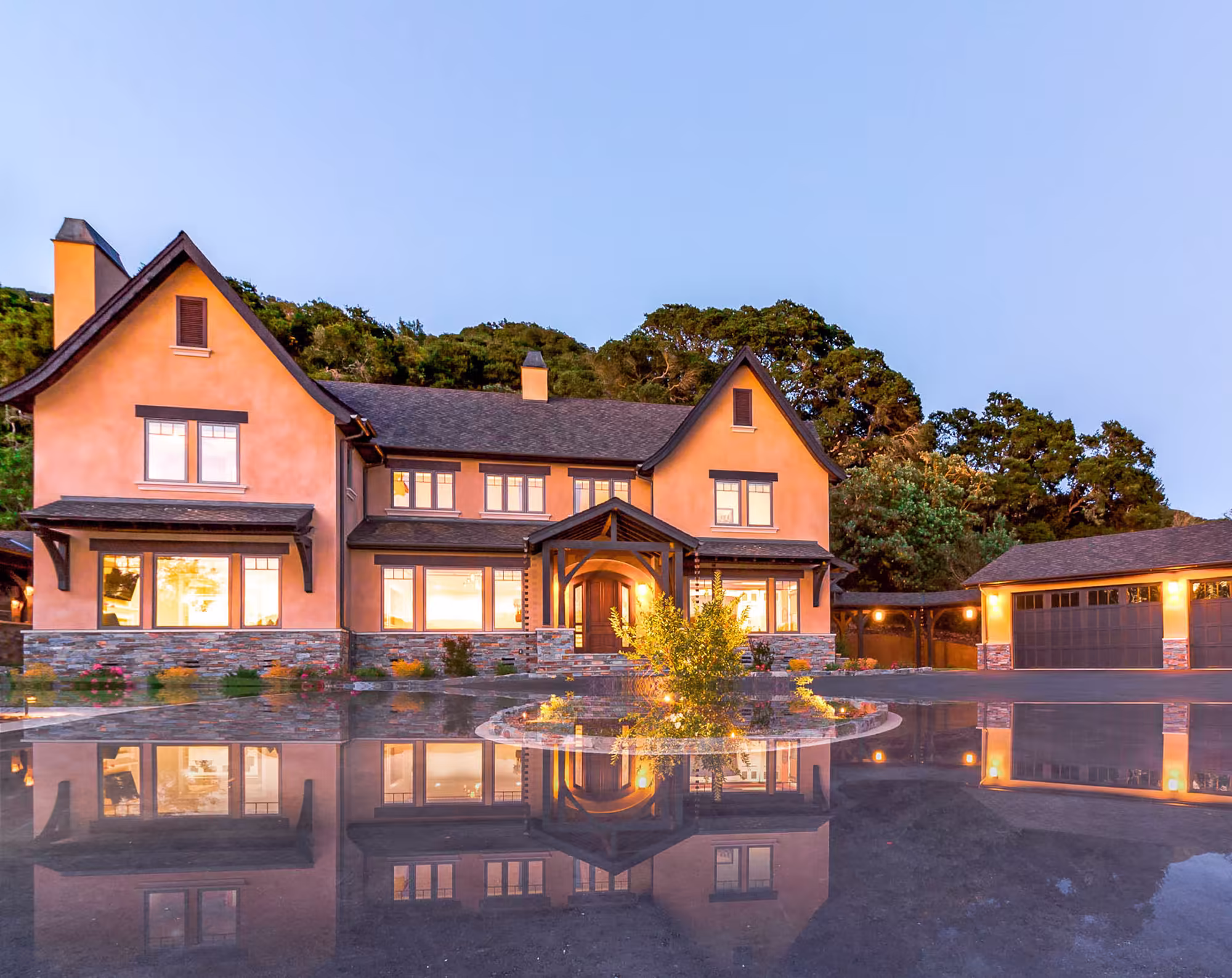 Custom estate home at dusk in Bennett Valley, Sonoma County, built by Mikara Construction